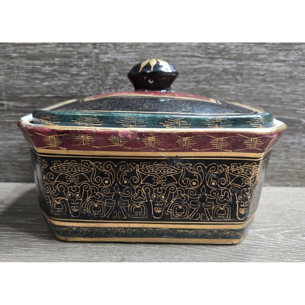 Vintage Decorative Ceramic Canister Box Lidded Gold Black Red Traditional Motif